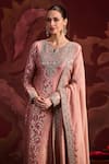 Shop_Lashkaraa_Peach Brocade, Silk, Tissue Sequins, Zari, Mirrors Straight Kurta Pant Set _Online_at_Aza_Fashions