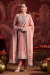 Lashkaraa_Peach Brocade, Silk, Tissue Sequins, Zari, Mirrors Straight Kurta Pant Set _at_Aza_Fashions