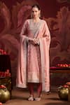 Buy_Lashkaraa_Peach Brocade, Silk, Tissue Sequins, Zari, Mirrors Straight Kurta Pant Set _at_Aza_Fashions