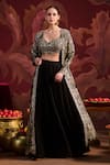 Buy_Lashkaraa_Black Brocade, Silk Sequins, Zari Round Neck Jacket Sharara Set _at_Aza_Fashions