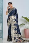 Buy_Samyukta Singhania_Blue Zari V-neck Dark Woven Banarasi Saree With Blouse _at_Aza_Fashions