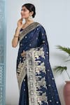 Samyukta Singhania_Blue Zari V-neck Dark Woven Banarasi Saree With Blouse _at_Aza_Fashions