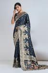 Samyukta Singhania_Teal Embroidery, Zari V-neck Dark Blue Woven Banarasi Saree With Blouse _Online_at_Aza_Fashions