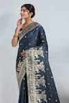Shop_Samyukta Singhania_Teal Embroidery, Zari V-neck Dark Blue Woven Banarasi Saree With Blouse _Online_at_Aza_Fashions
