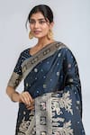 Buy_Samyukta Singhania_Teal Embroidery, Zari V-neck Dark Blue Woven Banarasi Saree With Blouse 