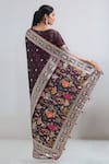 Shop_Samyukta Singhania_Wine Pom-poms, Embroidery, Zari V-neck Banarasi Satin Silk Saree With Blouse _at_Aza_Fashions
