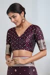 Shop_Samyukta Singhania_Wine Pom-poms, Embroidery, Zari V-neck Banarasi Satin Silk Saree With Blouse _Online_at_Aza_Fashions