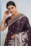 Samyukta Singhania_Wine Pom-poms, Embroidery, Zari V-neck Banarasi Satin Silk Saree With Blouse _Online