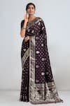 Buy_Samyukta Singhania_Wine Zari V-neck Banarasi Satin Silk Saree With Blouse _at_Aza_Fashions