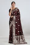 Shop Samyukta Singhania Maroon Embroidery, Zari V-neck Woven Banarasi Saree With Blouse Online at Aza Fashions Shop_Samyukta Singhania_Maroon Embroidery, Zari V-neck Woven Banarasi Saree With Blouse _Online_at_Aza_Fashions