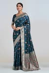 Buy_Samyukta Singhania_Teal Zari Scoop Neck Dark Blue Woven Banarasi Saree With Blouse _Online_at_Aza_Fashions