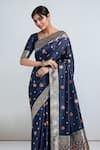 Samyukta Singhania_Blue Embroidery, Zari Round Neck Dark Woven Banarasi Saree With Blouse _at_Aza_Fashions