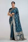 Buy_Samyukta Singhania_Teal Embroidery, Zari Round Neck Dark Blue Woven Banarasi Saree With Blouse _at_Aza_Fashions