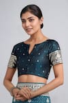 Samyukta Singhania_Teal Embroidery, Zari Round Neck Dark Blue Woven Banarasi Saree With Blouse _Online