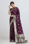 Buy_Samyukta Singhania_Wine Zari Round Neck Banarasi Satin Silk Saree With Blouse _at_Aza_Fashions
