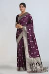 Shop_Samyukta Singhania_Wine Zari Round Neck Banarasi Satin Silk Saree With Blouse _Online_at_Aza_Fashions