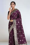 Buy_Samyukta Singhania_Wine Zari Round Neck Banarasi Satin Silk Saree With Blouse 