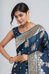 Samyukta Singhania Teal Embroidery, Zari Round Neck Dark Blue Woven Banarasi Saree With Blouse at Aza Fashions Samyukta Singhania_Teal Embroidery, Zari Round Neck Dark Blue Woven Banarasi Saree With Blouse _at_Aza_Fashions