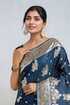 Buy Samyukta Singhania Teal Embroidery, Zari Round Neck Dark Blue Woven Banarasi Saree With Blouse Buy_Samyukta Singhania_Teal Embroidery, Zari Round Neck Dark Blue Woven Banarasi Saree With Blouse