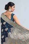 Samyukta Singhania Teal Embroidery, Zari Round Neck Dark Blue Woven Banarasi Saree With Blouse Online Samyukta Singhania_Teal Embroidery, Zari Round Neck Dark Blue Woven Banarasi Saree With Blouse _Online