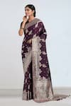 Buy_Samyukta Singhania_Wine Tassels, Zari Round Neck Dark Woven Banarasi Saree With Blouse _at_Aza_Fashions