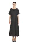 Buy_Samant Chauhan_Black Linen Round Neck Coal Drape Dress _at_Aza_Fashions
