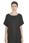 Samant Chauhan_Black Linen Round Neck Coal Drape Dress _Online_at_Aza_Fashions