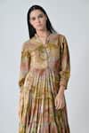 Shop_Samant Chauhan_Beige Cotton Mandarin Collar Desert Bloom Dress _Online_at_Aza_Fashions