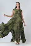 Samant Chauhan_Green Cotton Ruffles Round Neck Olive Storm Dress _at_Aza_Fashions