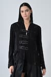 Buy_Samant Chauhan_Black Linen V-neck Smokey Jacket _Online_at_Aza_Fashions