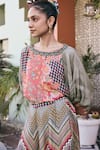 Buy_Saundh_Gray Muslin, Silk, Viscose Tassels Round Printed Crop Top And Paneled Skirt Set _Online_at_Aza_Fashions