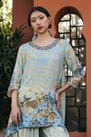 Buy_Saundh_Blue Muslin, Silk, Viscose Metallic Thread Round Neck Firdaus High-low Tunic _Online_at_Aza_Fashions