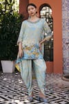Buy_Saundh_Blue Muslin, Silk, Viscose Metallic Thread Round Neck Firdaus High-low Tunic _at_Aza_Fashions