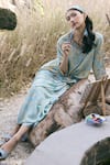 Saundh_Blue Muslin, Silk, Viscose Metallic Thread Round Neck Firdaus High-low Tunic _at_Aza_Fashions