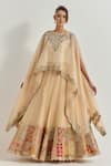Buy_Kavita Bhartia_Beige Chanderi Patchwork, Embroidery, Mirrors, Zari Golden Tissue Lehenga Set _at_Aza_Fashions