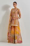 Kavita Bhartia_Yellow Silk , Embroidery, Patchwork V-neck Work Sharara Set _Online_at_Aza_Fashions