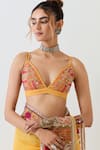 Shop_Kavita Bhartia_Mustard Organza, Cotton Embroidery Plunge Yellow Patch Work Saree With Blouse _Online_at_Aza_Fashions