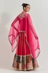 Shop_Kavita Bhartia_Fuchsia Organza Patchwork, Embroidery, Zari, Lace, Mirrors High Cape Lehenga Set _at_Aza_Fashions