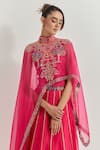 Kavita Bhartia_Fuchsia Organza Patchwork, Embroidery, Zari, Lace, Mirrors High Cape Lehenga Set _at_Aza_Fashions