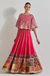 Buy_Kavita Bhartia_Fuchsia Organza, Chanderi Silk Embroidery, Patch Work Cape Lehenga Set _at_Aza_Fashions