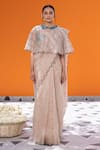 Janki India_Ivory Chanderi Embroidery Round Neck, Collared Organza Saree Set With Cape _Online_at_Aza_Fashions