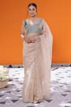 Buy_Janki India_Ivory Chanderi Embroidery Round Neck, Collared Organza Saree Set With Cape _Online_at_Aza_Fashions