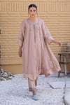 Buy_Janki India_Rose Gold Chanderi Embroidery V-neck Organza Jacket Set _at_Aza_Fashions