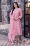 Buy_Janki India_Peach Silk, Organza Embroidery Round Neck Chanderi Kurta Set _at_Aza_Fashions