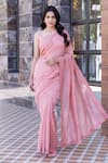 Buy_Janki India_Peach Chanderi Embroidery Round Neck Saree With Blouse _at_Aza_Fashions