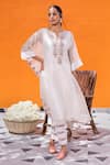 Buy_Janki India_Ivory Satin, Silk Embroidery Notched Neck Organza Kaftan Set 