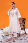 Janki India_Ivory Satin, Silk Embroidery Notched Neck Organza Kaftan Set _Online