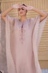 Janki India_Peach Satin, Silk Embroidery Round Neck Kaftan Set _at_Aza_Fashions