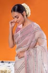 Janki India_Ivory Organza, Chanderi Embroidery Round Neck Saree With Silk Blouse _Online_at_Aza_Fashions
