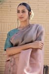 Janki India_Rose Gold Organza, Chanderi Embroidery Round Neck Saree With Blouse _Online_at_Aza_Fashions